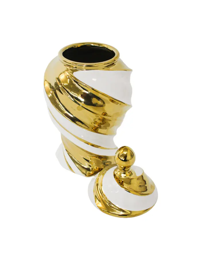 Tibor de cerámica blanco con espiral dorado de 17x17x30.5cm - Image 4