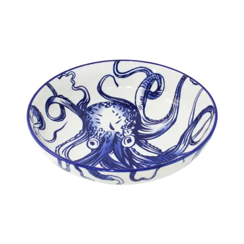 Bowl de cerámica blanco con diseño de pulpo azul de 22.3×22.3×5.1cm