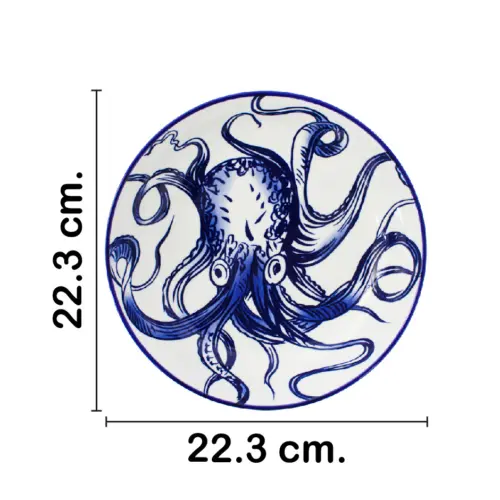 Bowl de cerámica blanco con diseño de pulpo azul de 22.3×22.3×5.1cm