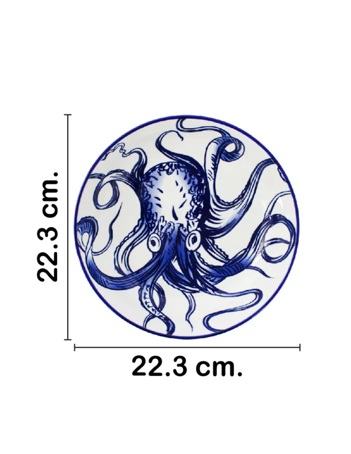 Bowl de cerámica blanco con diseño de pulpo azul de 22.3x22.3x5.1cm - Image 2