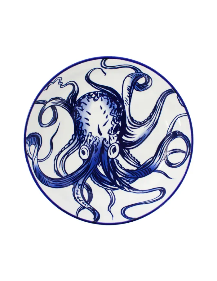 Bowl de cerámica blanco con diseño de pulpo azul de 22.3x22.3x5.1cm - Image 3