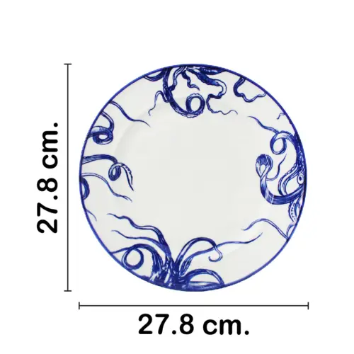 Plato de cerámica blanco con azul diseño tentáculos de 27.8×27.8x3cm