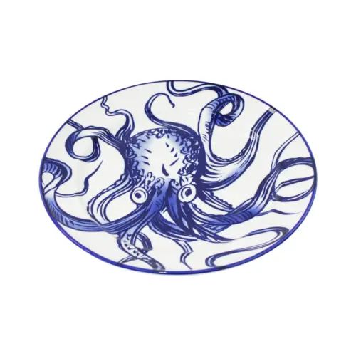 Plato de cerámica blanco con azul diseño pulpo de 24.4×24.4x3cm