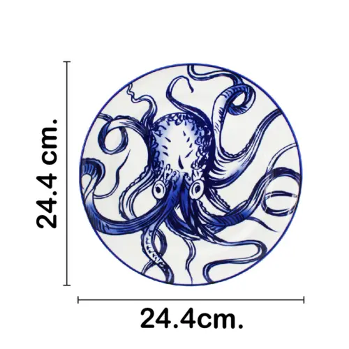 Plato de cerámica blanco con azul diseño pulpo de 24.4×24.4x3cm