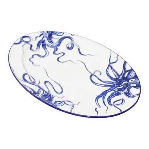 Plato de cerámica blanco con azul diseño tentáculos de 39.4×26.2×3.1cm