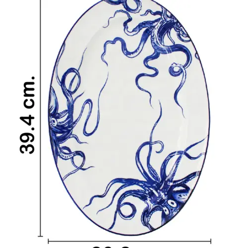 Plato de cerámica blanco con azul diseño tentáculos de 39.4×26.2×3.1cm