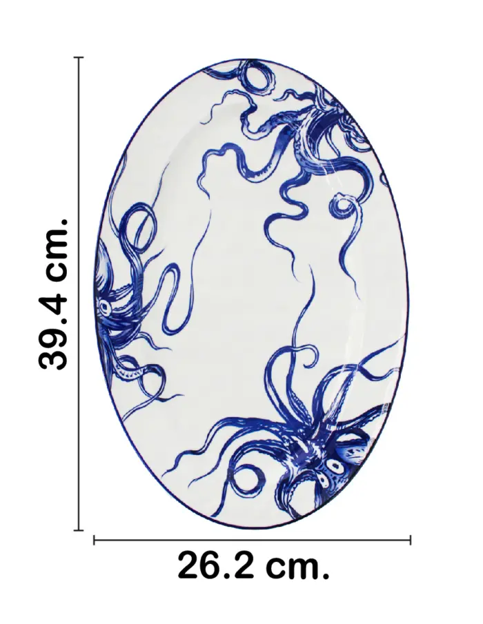 Plato de cerámica blanco con azul diseño tentáculos de 39.4x26.2x3.1cm - Image 2