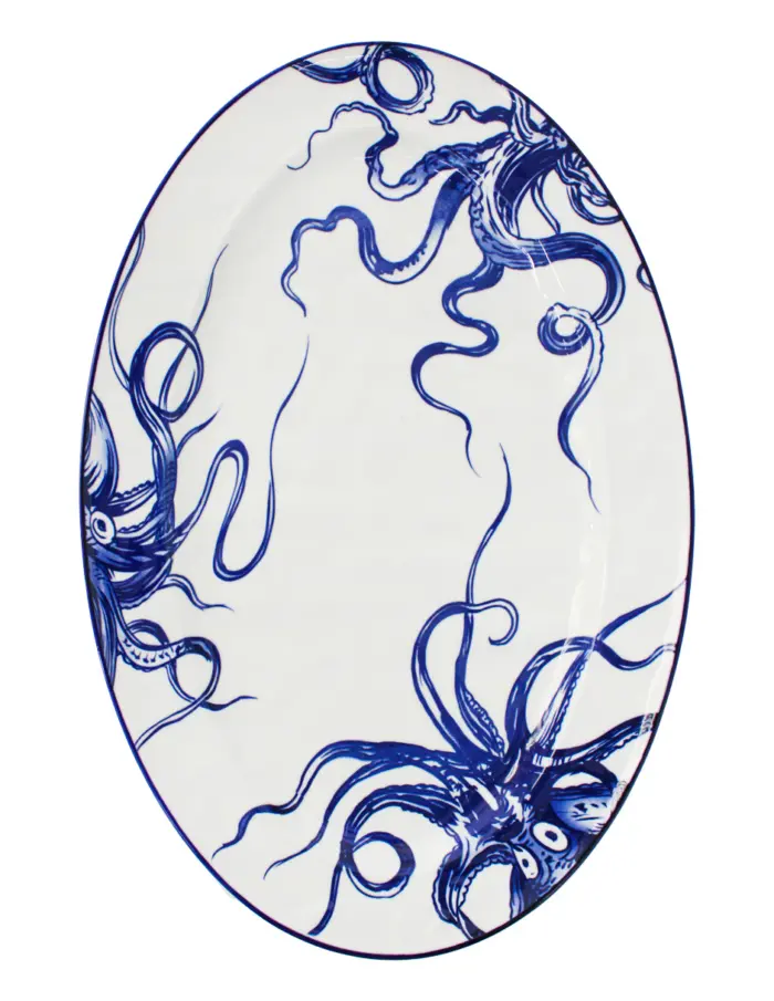 Plato de cerámica blanco con azul diseño tentáculos de 39.4x26.2x3.1cm - Image 3