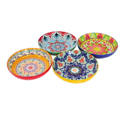 Juego de 4 bowls de ceramica rojo amarillo verde y azul garigoleado de 22.3×22.3×5.1cm