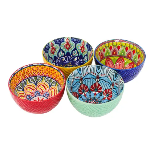 Juego de 4 bowls de ceramica rojo amarillo verde y azul garigoleado de 12.2×12.2×7.5cm