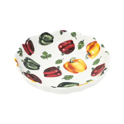 Bowl de cerámica blanco diseño chiles morrones de colores de 21.5×21.5x5cm