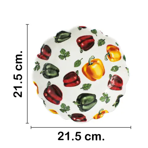 Bowl de cerámica blanco diseño chiles morrones de colores de 21.5×21.5x5cm