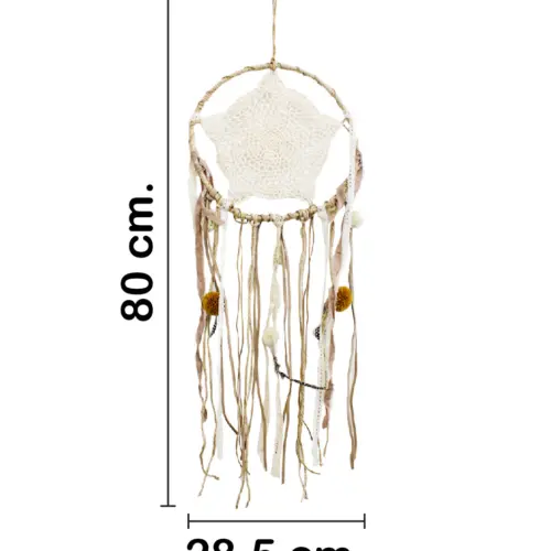 Atrapasueños de macrame con pompones y tiras de 80×28.5x3cm