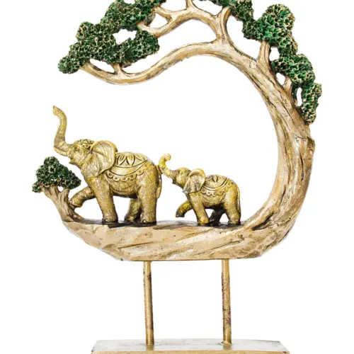 Escultura de elefantes dorados con árboles de resina de 20x5x30cm