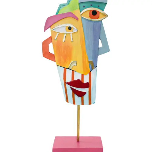Escultura de poliresina diseño máscara de colores con base de 15x7x38cm