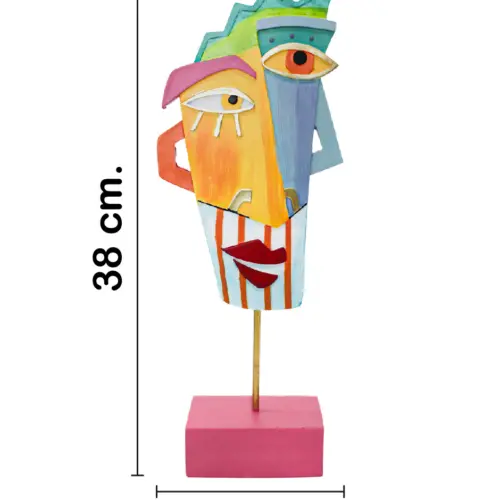 Escultura de poliresina diseño máscara de colores con base de 15x7x38cm