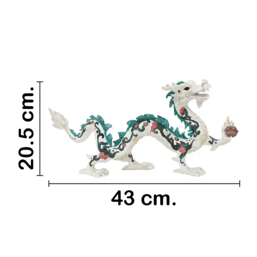 Escultura de poliresina de dragón chino blanco con verde de 43x11x20.5cm