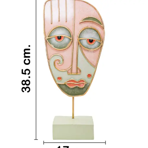 Escultura de poliresina diseñó rostro en tonos verdes con rosa y base de 17.5x7x38.5cm