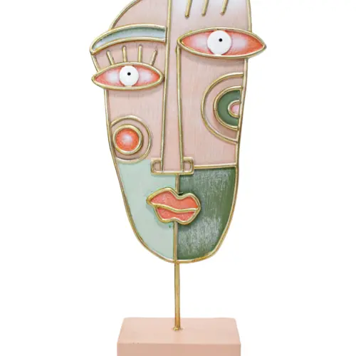 Escultura de poliresina diseñó máscara tonos verdes con rosa con base de 16.5x7x39cm