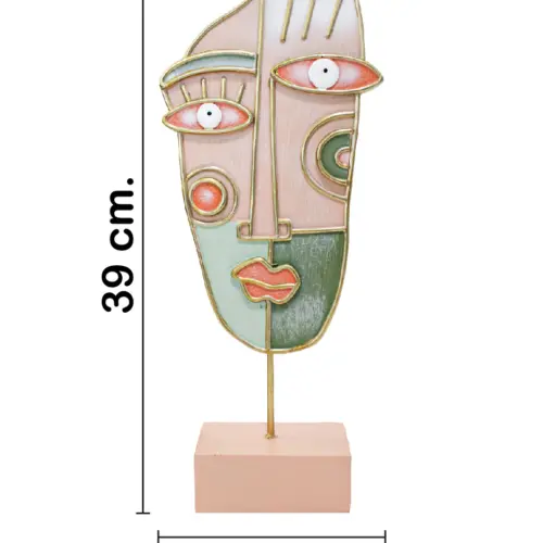 Escultura de poliresina diseñó máscara tonos verdes con rosa con base de 16.5x7x39cm