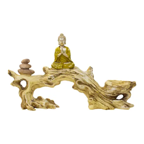 Tronco con buda de poliresina con porta vela de 35.5x7x20cm