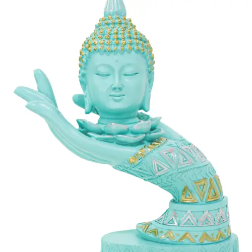Mano izquierda con cabeza de buda de poliresina azul turquesa de 21.5cm.