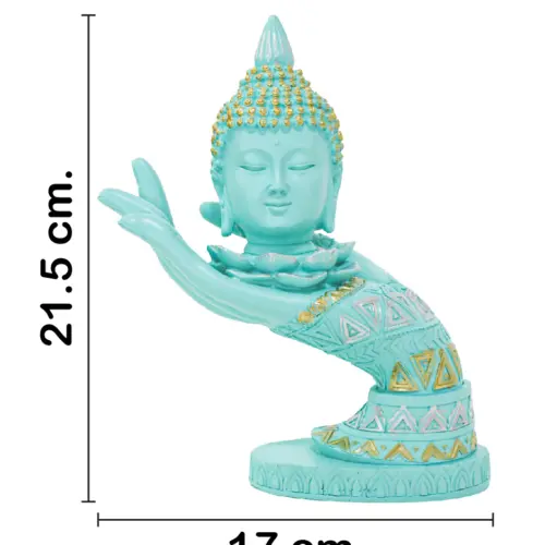 Mano izquierda con cabeza de buda de poliresina azul turquesa de 21.5cm.