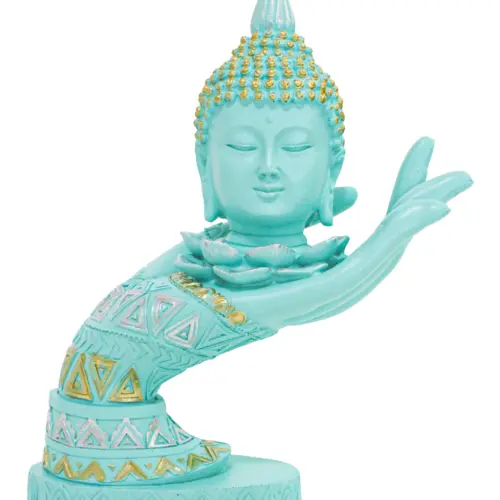 Mano derecha con cabeza de buda de poliresina azul turquesa de 21.5cm.