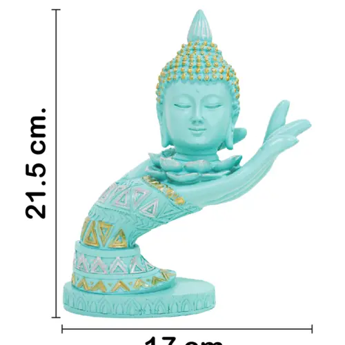 Mano derecha con cabeza de buda de poliresina azul turquesa de 21.5cm.
