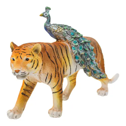 Tigre con pavorreal en la espalda de poliresina de 21×7.5x13cm