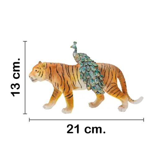 Tigre con pavorreal en la espalda de poliresina de 21×7.5x13cm
