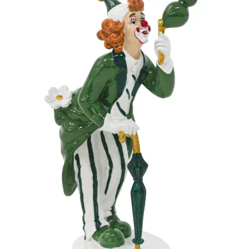 Payaso con paraguas verde de poliresina de 12.5x7x20.5cm