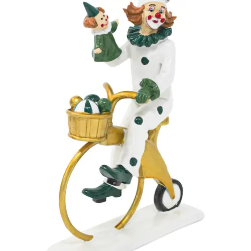 Payaso blanco con verde sobre bici de poliresina de 17×7.5×24.5cm