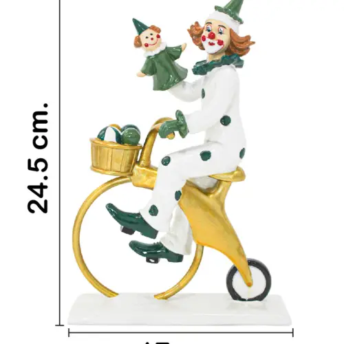 Payaso blanco con verde sobre bici de poliresina de 17×7.5×24.5cm