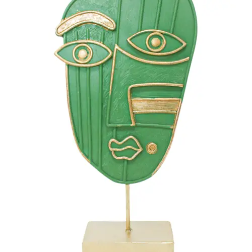 Escultura de poliresina diseño rostro verde con base dorada de 18x7x37cm
