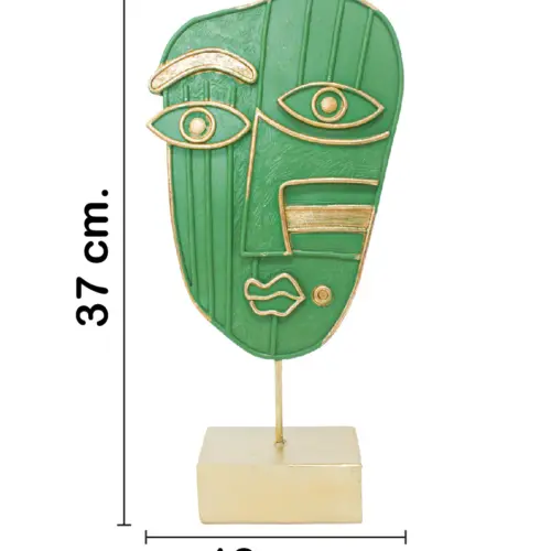 Escultura de poliresina diseño rostro verde con base dorada de 18x7x37cm