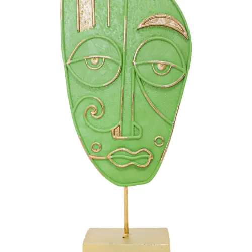 Escultura de poliresina diseño rostro verde con base dorada de 17.5x7x38.5cm