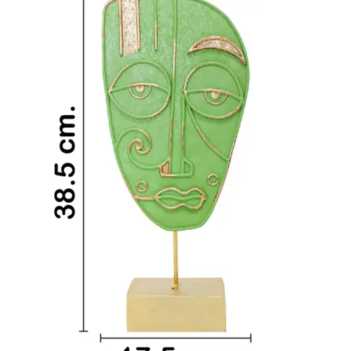 Escultura de poliresina diseño rostro verde con base dorada de 17.5x7x38.5cm