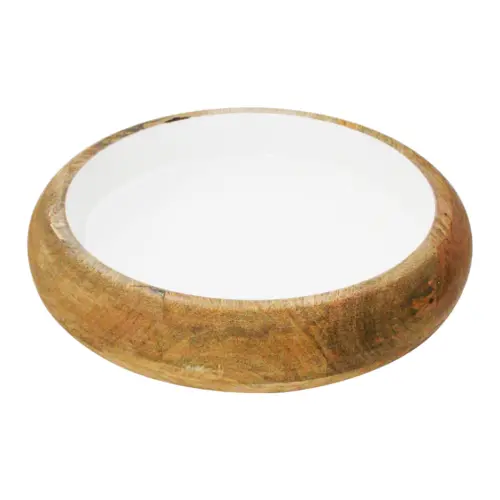 Charola redonda de madera con metal blanca de 51x51x6cm
