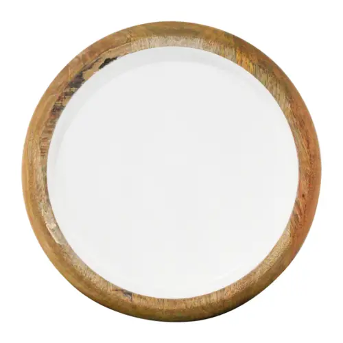Charola redonda de madera con metal blanca de 51x51x6cm