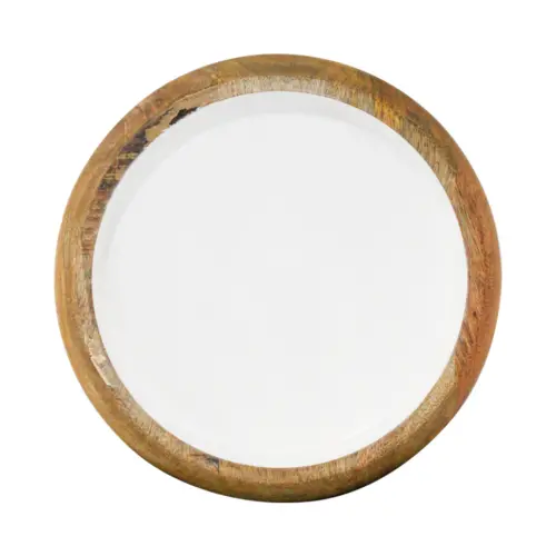 Charola redonda de madera con metal blanca  40x40x6cm