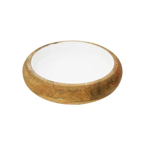 Charola redonda de madera con metal blanca de  29x29x6cm