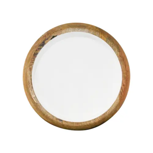 Charola redonda de madera con metal blanca de  29x29x6cm