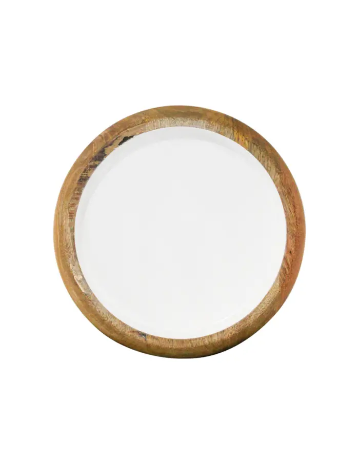Charola redonda de madera con metal blanca de  29x29x6cm - Image 2