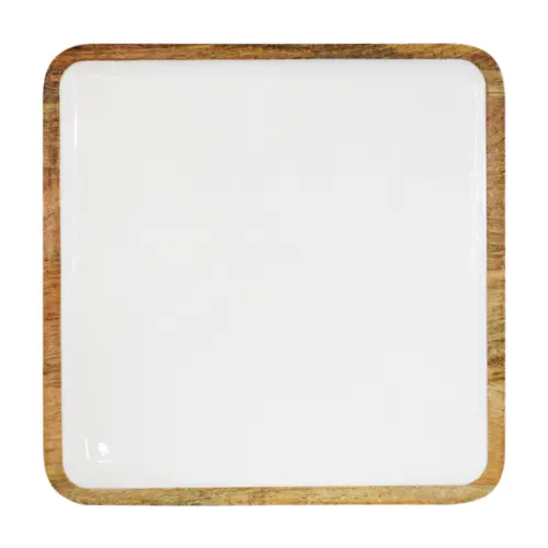 Charola cuadrada de madera con metal blanca de 30x30x3cm