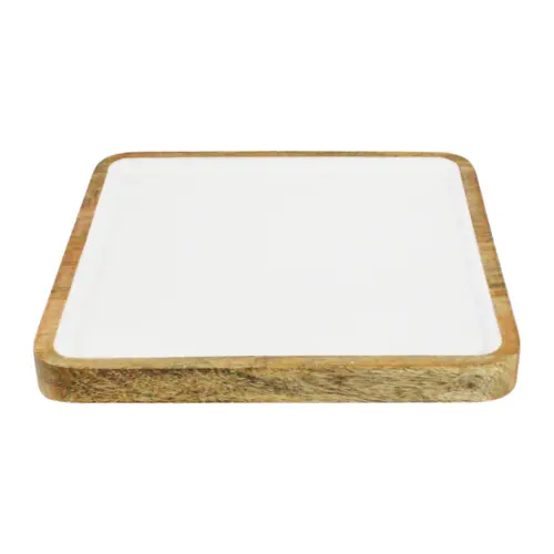 Charola cuadrada de madera con metal blanca de 30x30x3cm