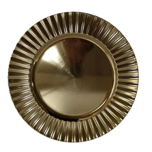 Plato de presentación de plástico dorado antiguo con rayas en la orilla de 33x33x1.5cm