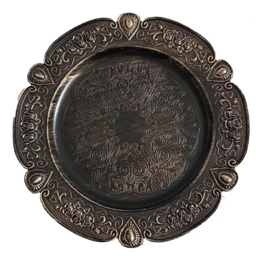 Plato de presentación de plástico negro patinado diseño ondulado en la orilla de 33x33x1.5cm
