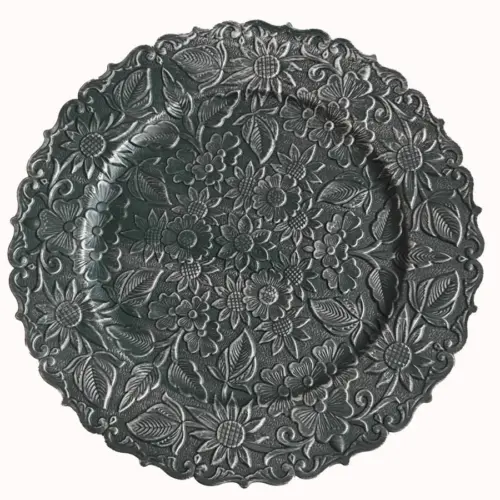 Plato de presentación de plástico gris diseño flores de 33x33x1.5cm