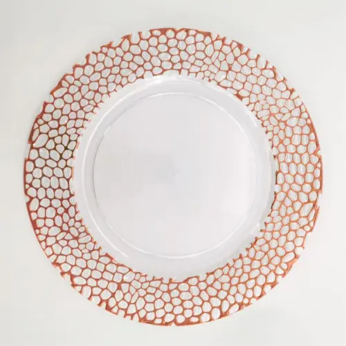 Plato de presentación de plástico transparente diseño panal con orilla cobre de 33x33x1.5cm